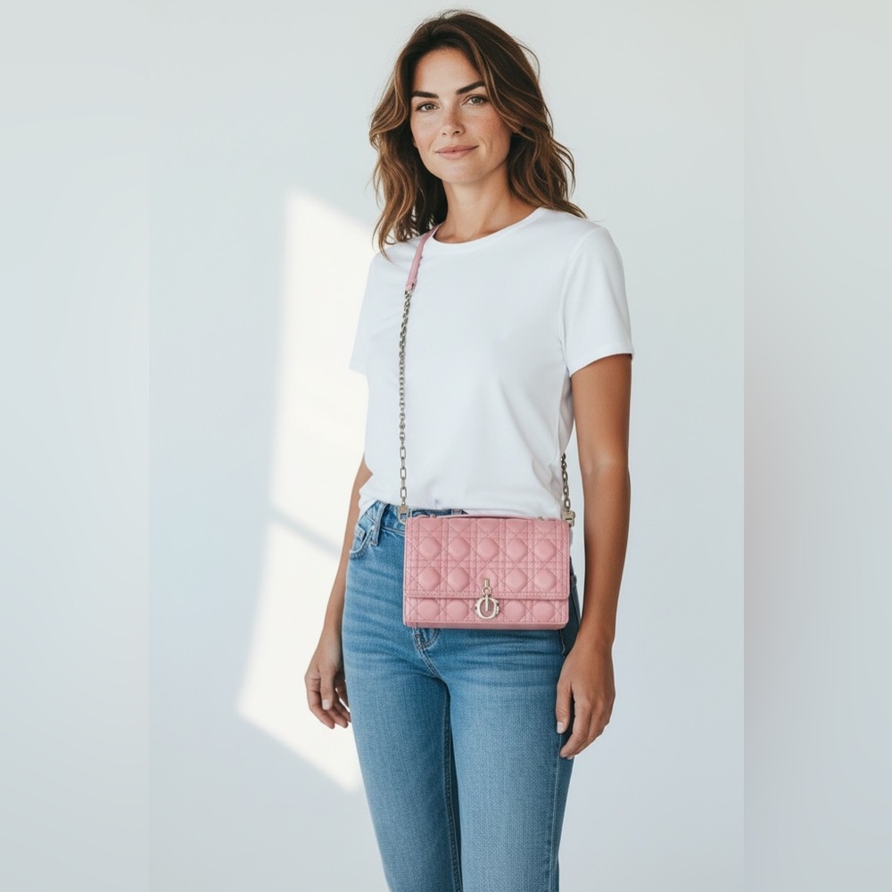 Dior My Dior Top Handle Pink Crossbody Bag with Silver Chain 💯 Authentic